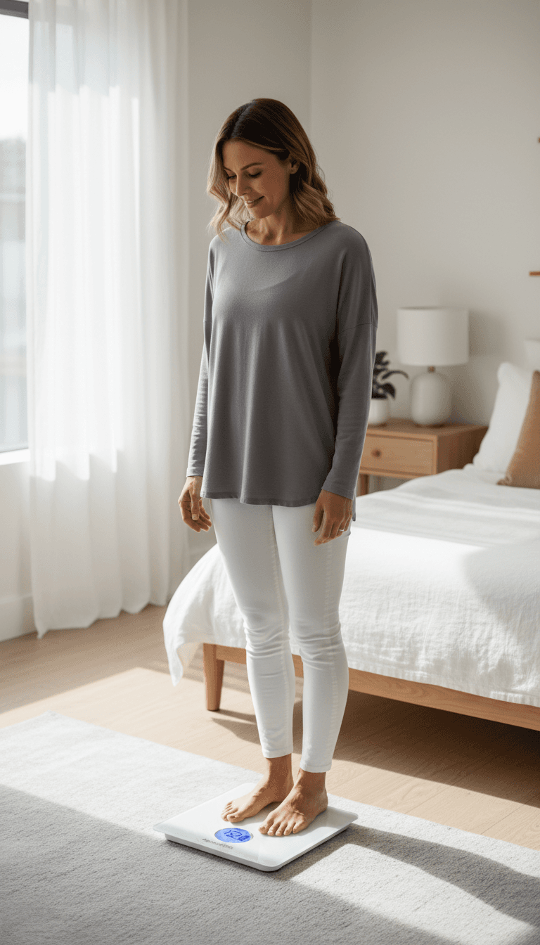 Patient using MySmartRPM weight scale at home for remote monitoring